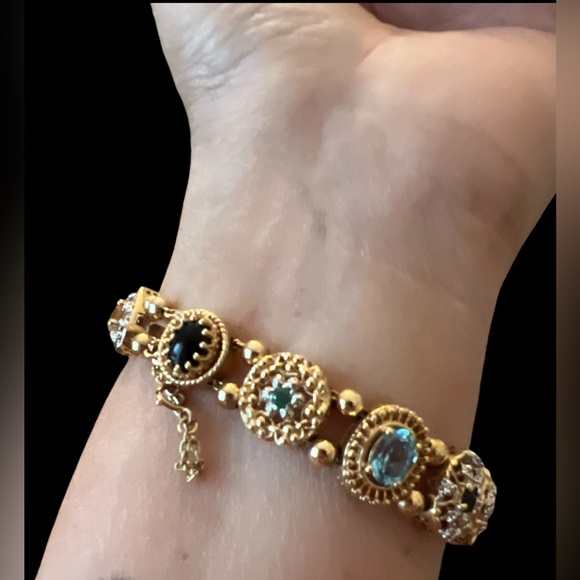 VINTAGE 14K YELLOW GOLD SLIDE BRACELET, GEMSTONES, GOLD BALL AND CHAIN SPACERS - Picture 3 of 17